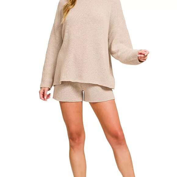 Zenana Round Neck Knit Top and Shorts Sweater Set - Picture 3 of 10
